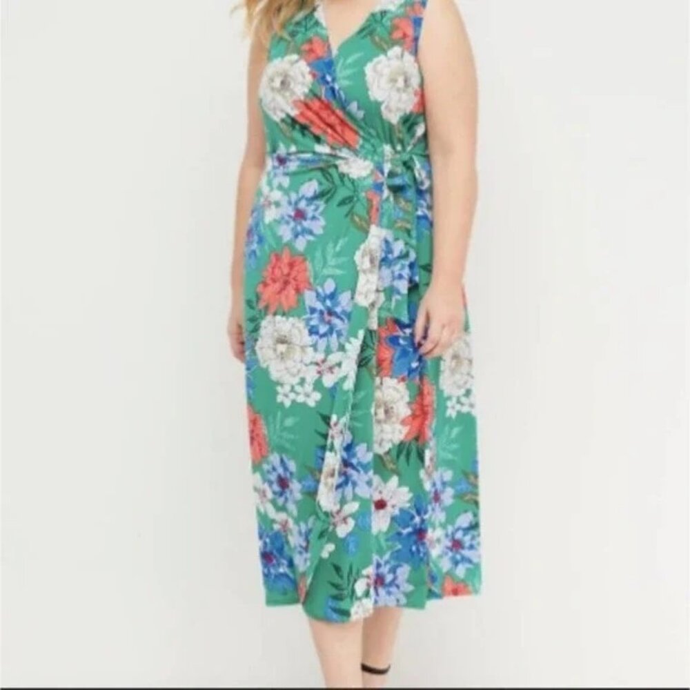 Lane Bryant Tropical Floral Wrap Midi Dress 18 Sleeveless Jersey Green Summer